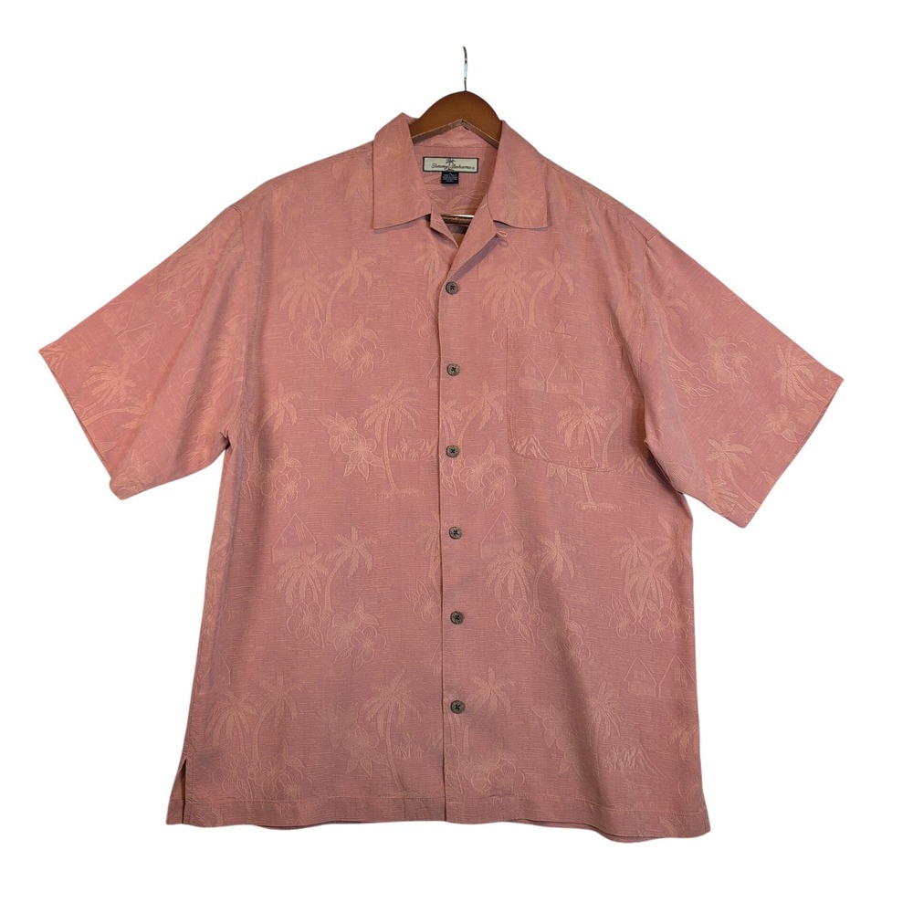 Tommy Bahama Mens M 100% Silk Camp Shirt Salmon Rose Copyrighted Print Beach